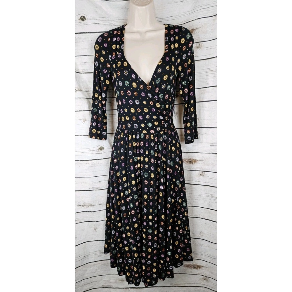Anthropologie Maeve Black Multi Floral Midi Dress S Fit & Flare Knit Faux Wrap